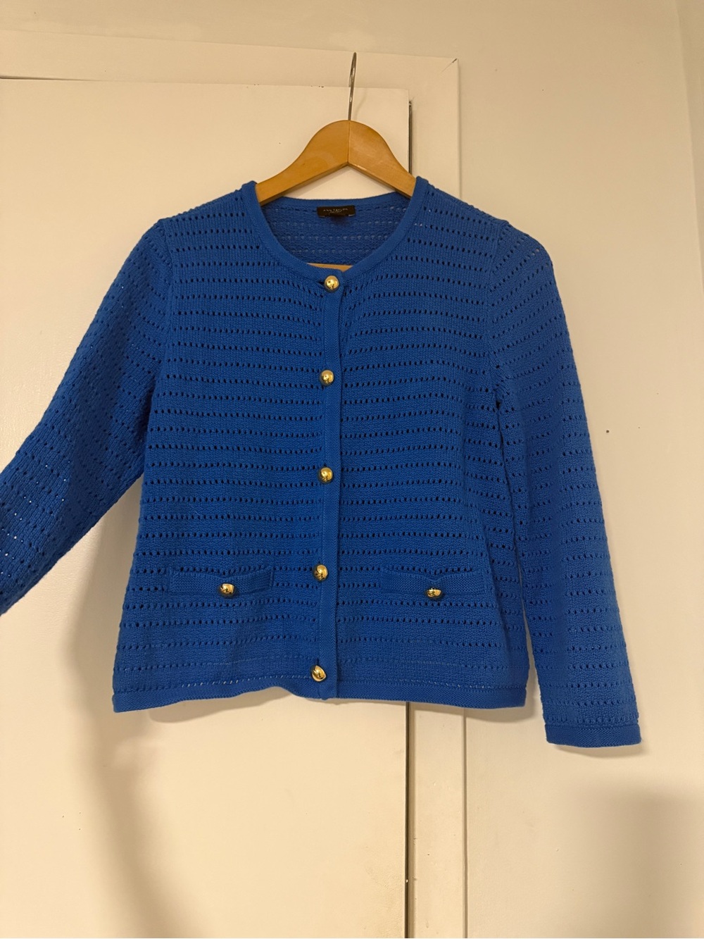 Ann Taylor Royal Blue Openwork Knit Cardigan with Gold Buttons